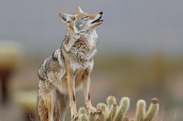 Photo elegant coyote howling on top of a cactus in the arizona desert