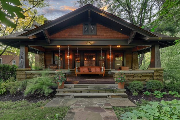 Photo elegant craftsman bungalow front with inviting porch swing