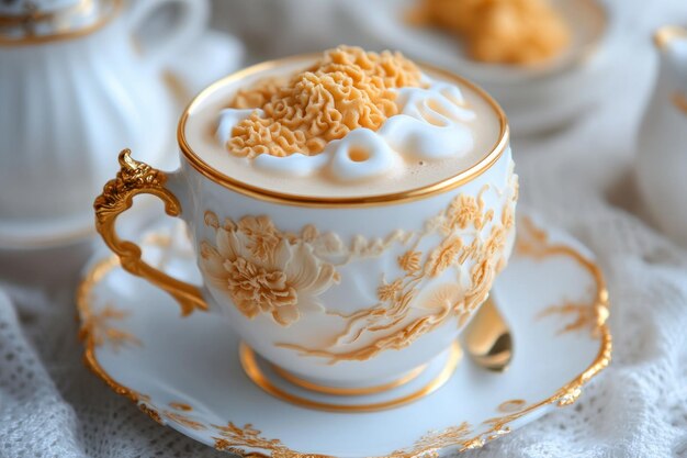 Photo elegant creamy beverage with artistic foam design in a delicate porcelain cup perfect for a