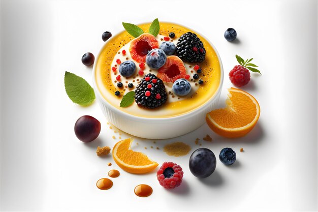 Elegant Creme Brulee with a classic custard base and a colorful fruit topping