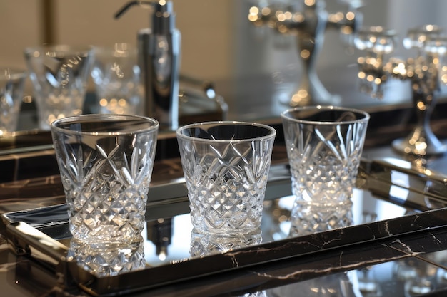 Photo elegant crystal glasses arranged on a decorative tray in a luxurious setting