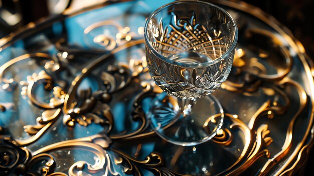 An elegant crystal wine glass sits on an ornate golden tray