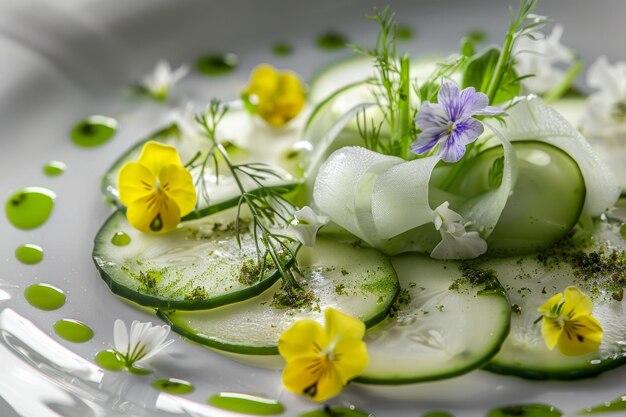 Photo elegant cucumber dish with edible flowers and herbs ideal for food photography and culinary arts