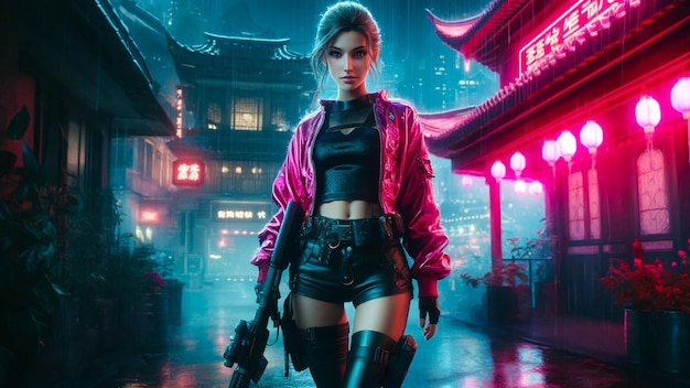 Elegant Cyberpunk Fighter in Misty NeonLit Chinese Market Street