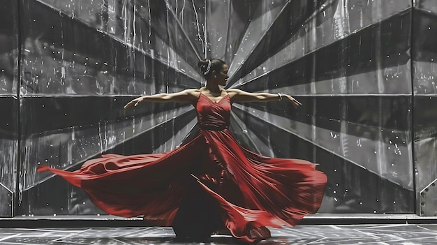 Elegant Dancer in Red Dress Performing Against Striking Backdrop During Evening Performance