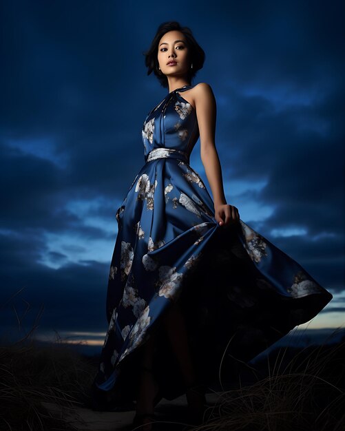 Elegant Dark Blue Print Dress