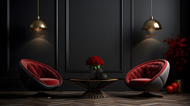 Elegant dark interior with bright red armchairs