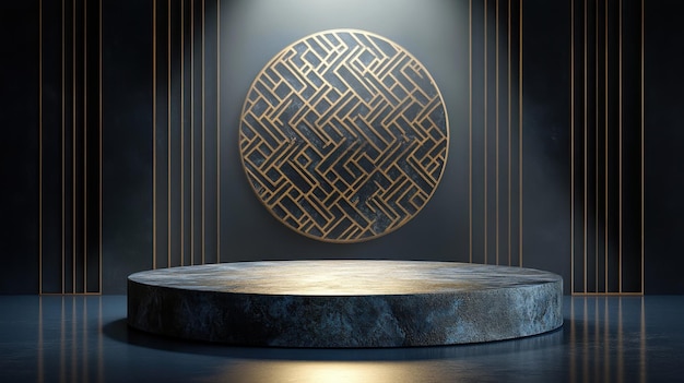 Photo elegant dark interior with traditional mongolian knot pattern and stone pedestal under spotlight in modern design setting