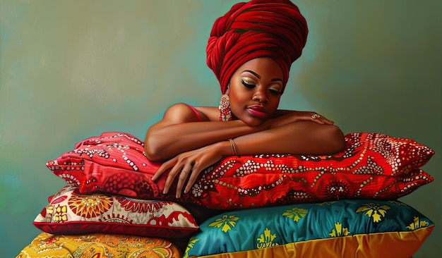 Elegant darkskinned woman in vibrant headwrap resting on patterned cushions