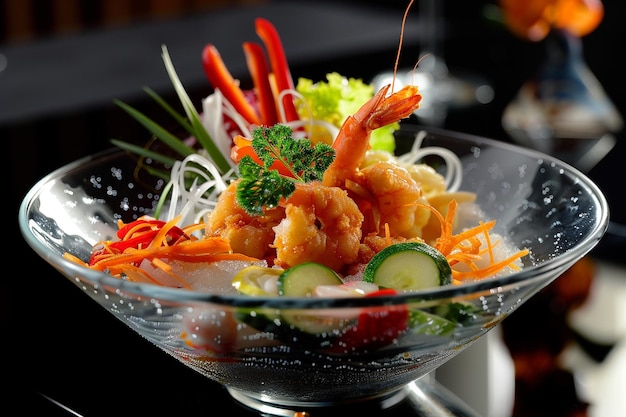 Elegant Deep Fried Seafood Presentation Shrimps Squid and Vibrant Mix Vegetables