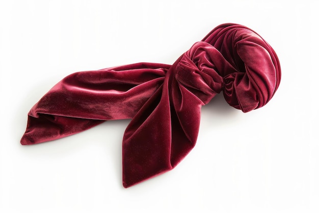 Elegant deep red velvet scarf tied in a stylish knot showcasing a luxurious fabric texture against a plain background