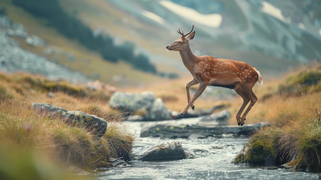 Elegant Deer Leaping Across Mountain Stream