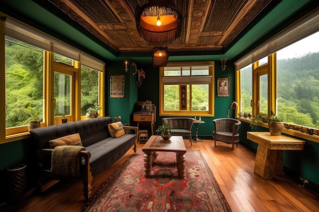 Elegant design of living room interior with window overlooking rainforest view