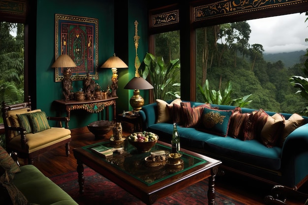 Elegant design of living room interior with window overlooking rainforest view