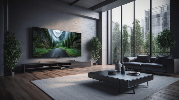 Elegant designed living room with big television screen Al generated