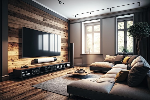 Elegant designed living room with big television screen wooden floor and wall