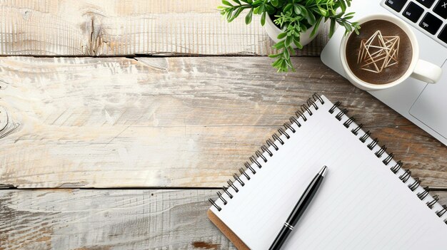 Elegant Desk Setting with Coffee and Notebook on Wooden Table