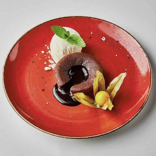 Photo elegant dessert presentation with chocolate lava cake and vanilla ice cream on a red plate