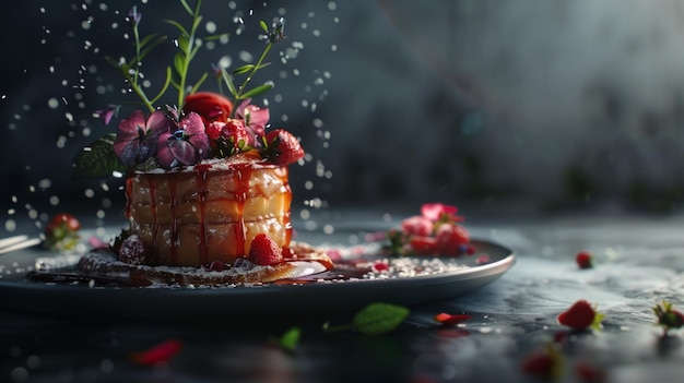 Photo elegant dessert presentation with a gourmet pastry garnished with fresh flowers and berries delicate food styling in a dark moody setting fine dining concept with artistic touch ai