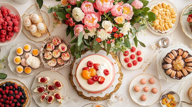 Elegant Dessert Table Displaying Assorted Pastries Tarts Macarons and Floral Cake Centerpi