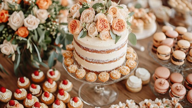 Elegant Dessert Table Displaying Assorted Pastries Tarts Macarons and Floral Centerpiece C