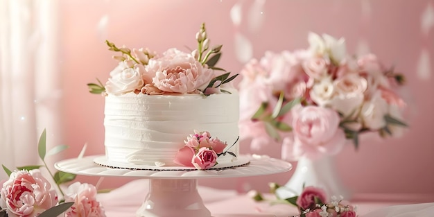 Elegant dessert table featuring floral decorations and a delectable white and pink cake Concept Dessert Table Decor Floral Arrangements Cake Decorating Elegant Desserts Pink and White Theme