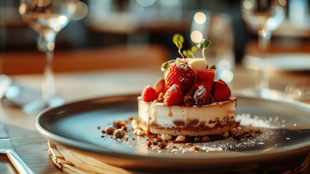 Photo elegant dessert with fresh strawberries raspberries and mint on a plate in fine dining setting