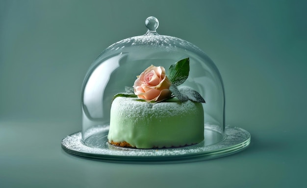 Photo elegant dessert with a rose under glass dome a deliciously styled cake with a rose icing on top perfect for wedding concepts and highclass events artistic and stylish food presentation ai