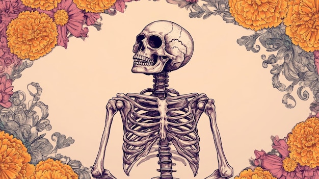 Photo elegant dia de los muertos skeleton in marigold flower frame