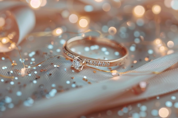 Elegant Diamond Engagement Ring Amidst Shimmering Lights and Soft Silk Fabric