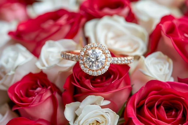 Elegant Diamond Engagement Ring on Rose Petals Background with a Mix of Red and White Blossoms