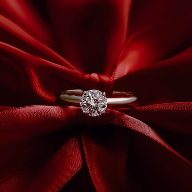 Photo elegant diamond ring on luxurious red silk background