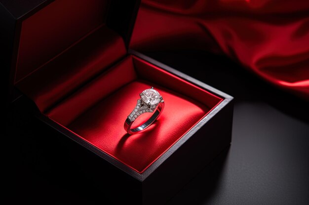 elegant diamond wedding ring in a box with a red theme