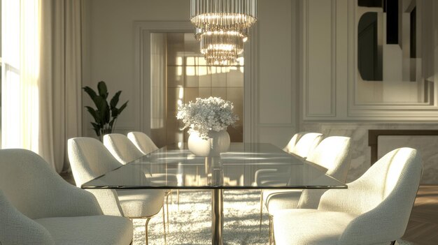 Elegant Dining Room Featuring a Chic Glass Table Perfect for Modern Interiors