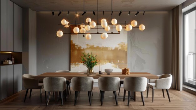 Photo elegant dining room interior with artistic modern lighting and calm earth tones