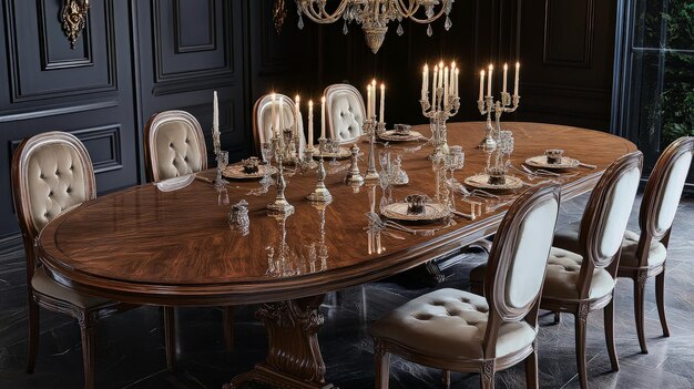 Photo elegant dining room interior with wooden table and chairs