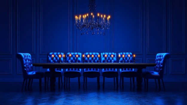 Photo elegant dining room with blue lighting and chandelier ambiance