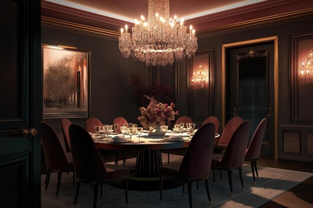 Photo elegant dining room with large chandelier above a grand table 6 people sit in luxury fine dining