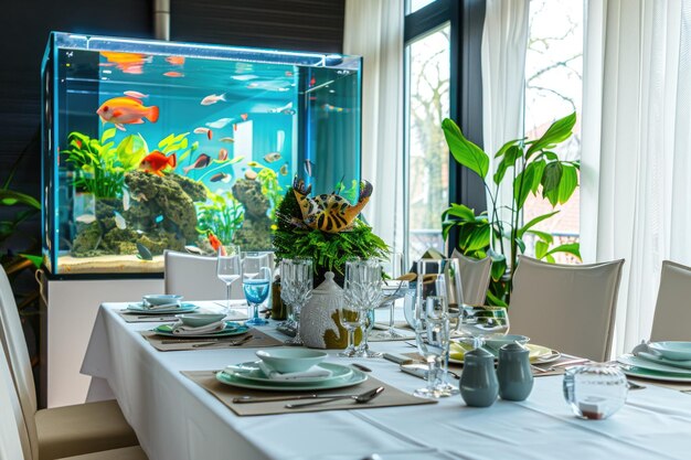 Photo elegant dining space with vibrant aquarium and soft natural lighting