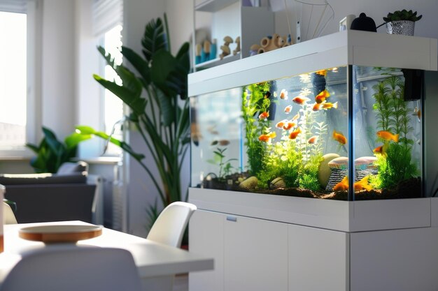 Photo elegant dining space with vibrant aquarium and soft natural lighting