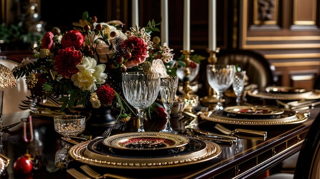 Photo elegant dining table set for a festive occasion with floral centerpiece and ornate tableware in an opulent setting