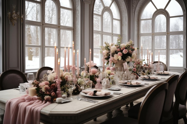 Elegant dining table set in room with large windows and cozy fireplace on light background