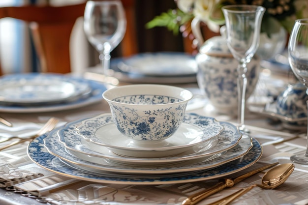 Photo elegant dining table set with blue floral porcelain dishes and glassware for a special occasion