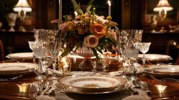 Elegant dining table set with fine china crystal glasses and polished silverware adorned with a floral centerpiece and ambient candlelight