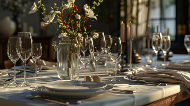 Photo elegant dining table set with wine glasses plates and cutlery adorned with a beautiful floral centerpiece in a warmly lit room