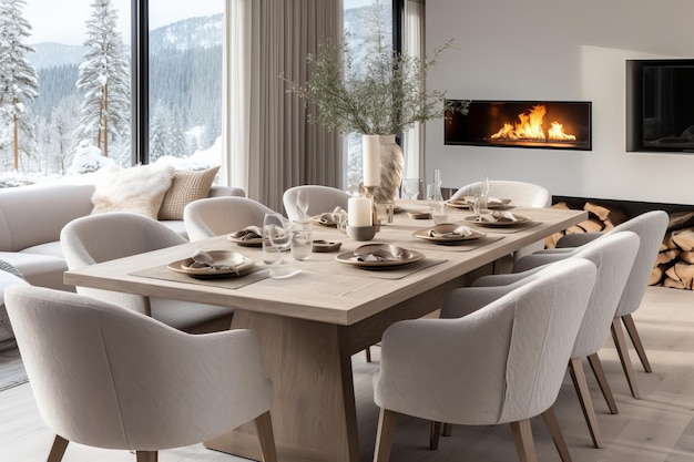 Elegant dining table with fireplace large windows and inviting decor in a bright dining room