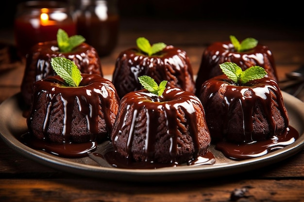 Elegant display of chocolate lava cakes with oozing molten centers