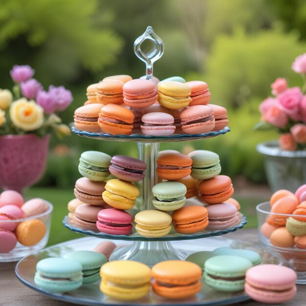 Photo elegant display of colorful macarons arranged artfully for a delightful pastry experience