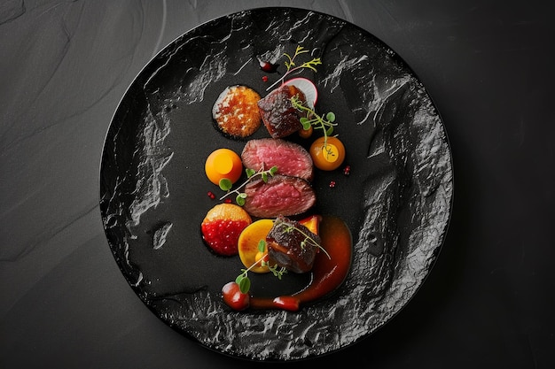 Elegant Display Of Michelin Star Cuisine On Stylish Black Background Plate