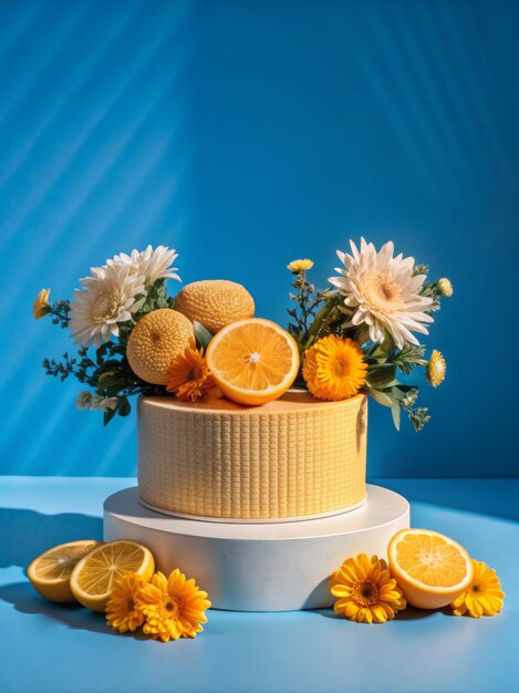 Photo elegant display podium with fresh citrus fruits and flowers on blue background perfect for product showcase and marketing